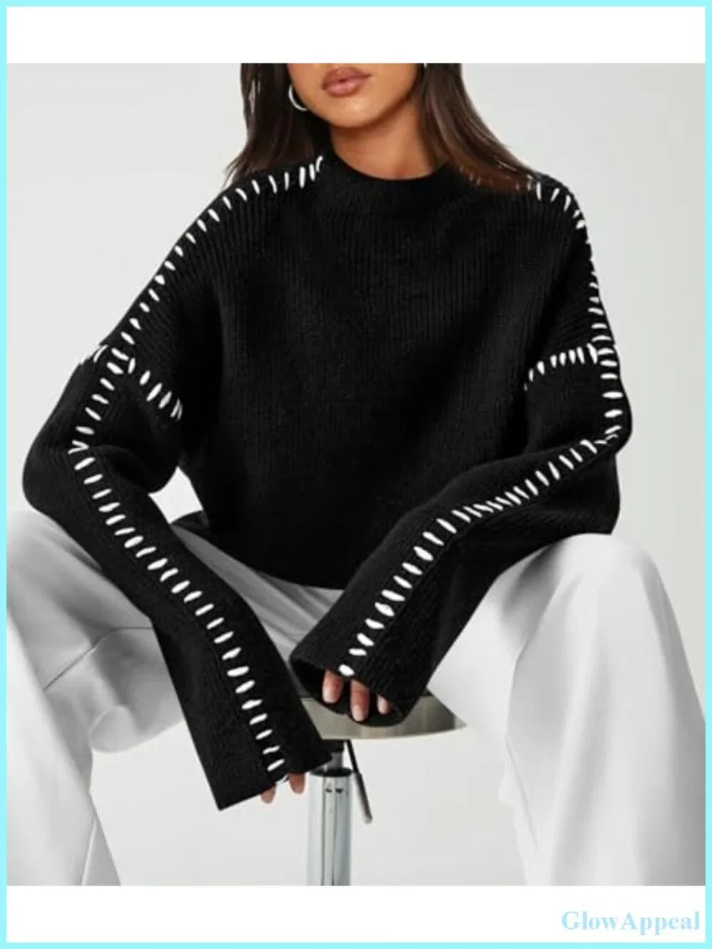 Womens Chunky Knit Oversized Pullover Sweater Mock Neck Long Sleeve Top
